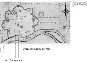 План Акмолинского укрепления на сетке Целинограда современных улиц целинограда